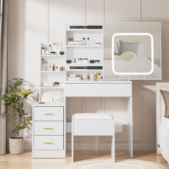 Vanity Desk with Sliding Mirror and Lights, Makeup Vanity Set with Power Outlet, 4 Drawers, Stool, Makeup Dressing Table for Bedroom