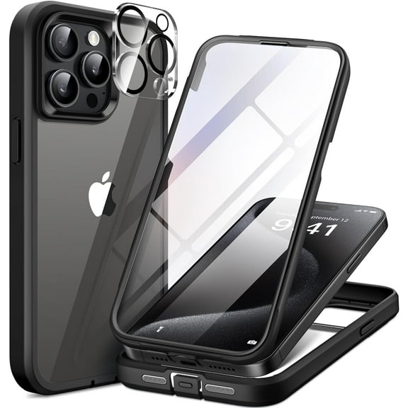 Compatible with iPhone 15 Pro Case, [Dustproof Design] with Built-in 9H Tempered Glass Screen Protector   2X Camera Lens Protectors, 360° Full-Body Rugged Bumper Clear Case 6.1 Inch, Black