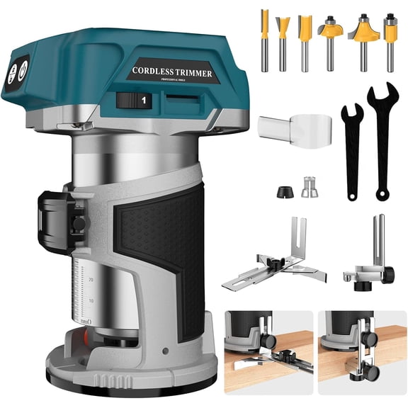 800W Cordless Compact Wood Router Tool for Makita 18V Battery, 6 Speeds Adjustable 30,000 RPM Electric Hand Woodworking Trimmer Palm Router with Edge & Roller Guide, Dust Hood（NO Battery）