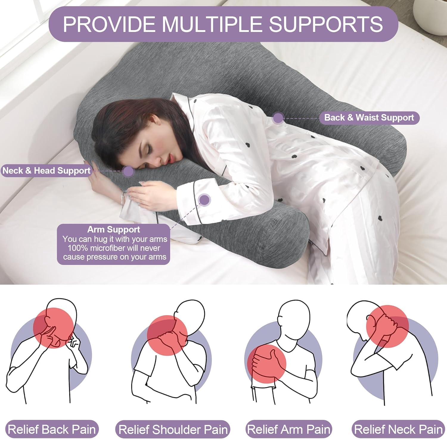 Cooling U Shaped Pillow for Neck, Contour Shoulder Pillow for Side Sleepers, Ergonomic Body Pillows for Adults, Hug Pillow with Washable Cover for Back, Shoulder Pressure Reduce (Dark Grey)