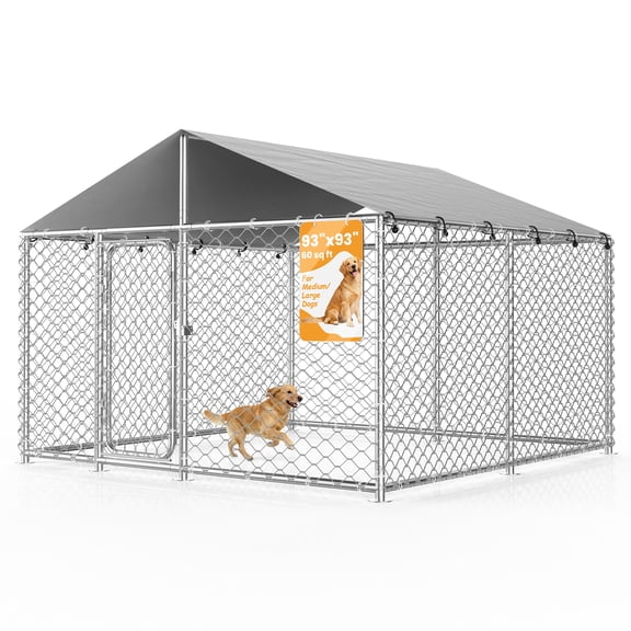 YOKWOK 7.5×7.5ft Outdoor Dog Kennel Outside with Metal Large Dog Gate, Outdoor Dog Pens with Roof, Heavy Duty Dog Kennel for Backyard Farm Use