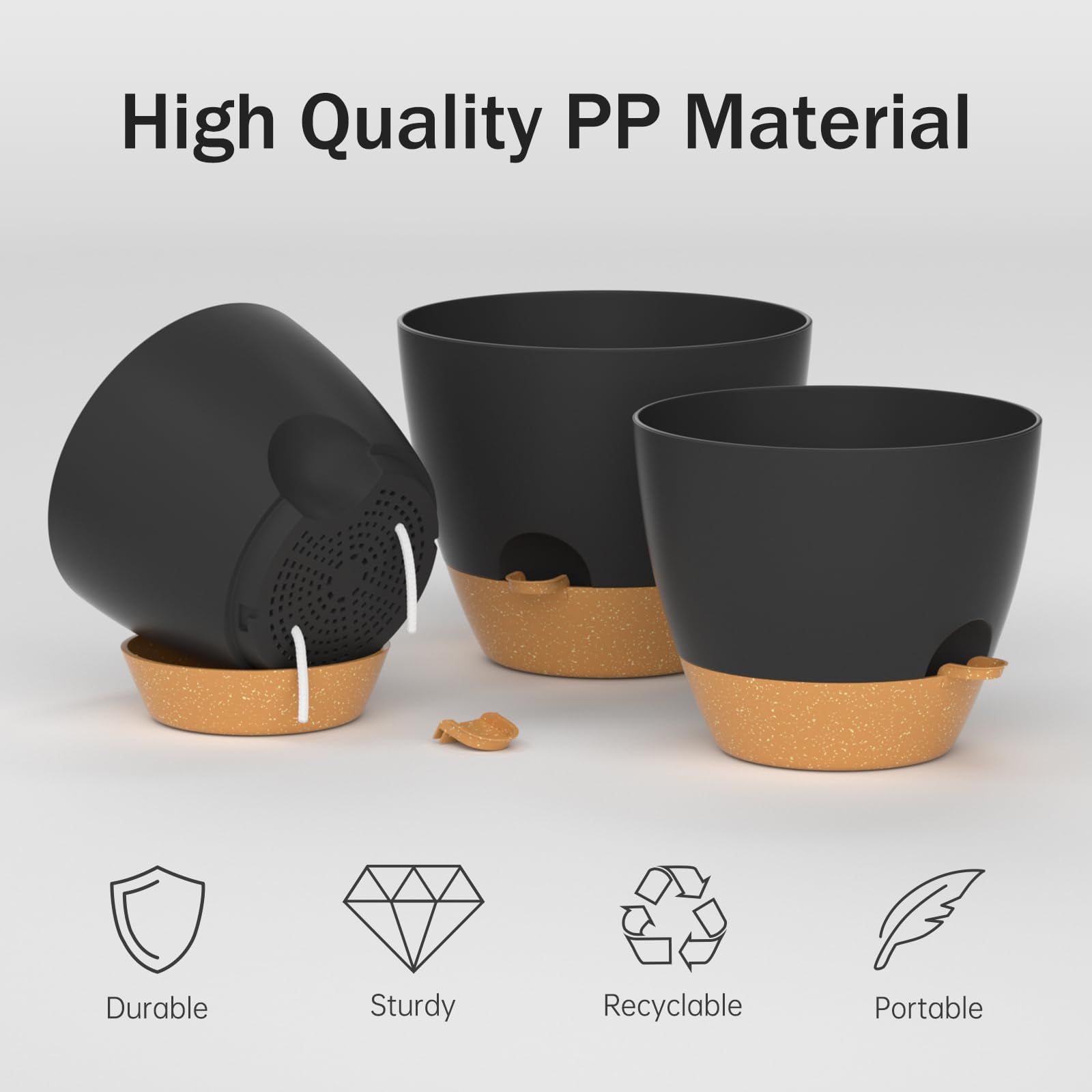 FIASON 3 Pack 8/9/10 Inch Black Grey Self-Watering Plant Pots, Plastic Planters with Watering Lip, Drainage Holes and Removable Saucer for Indoor Outdoor Plants