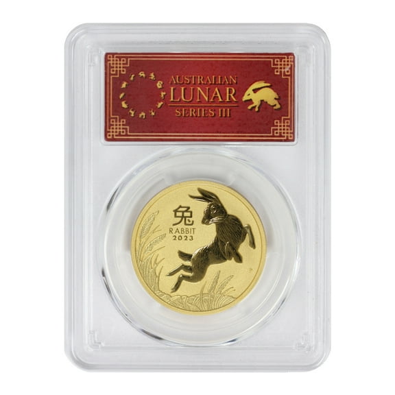 Australia 2023-P $100 Gold Year of the Rabbit PCGS MS70 First Strike Lunar Label Perth Mint Coin