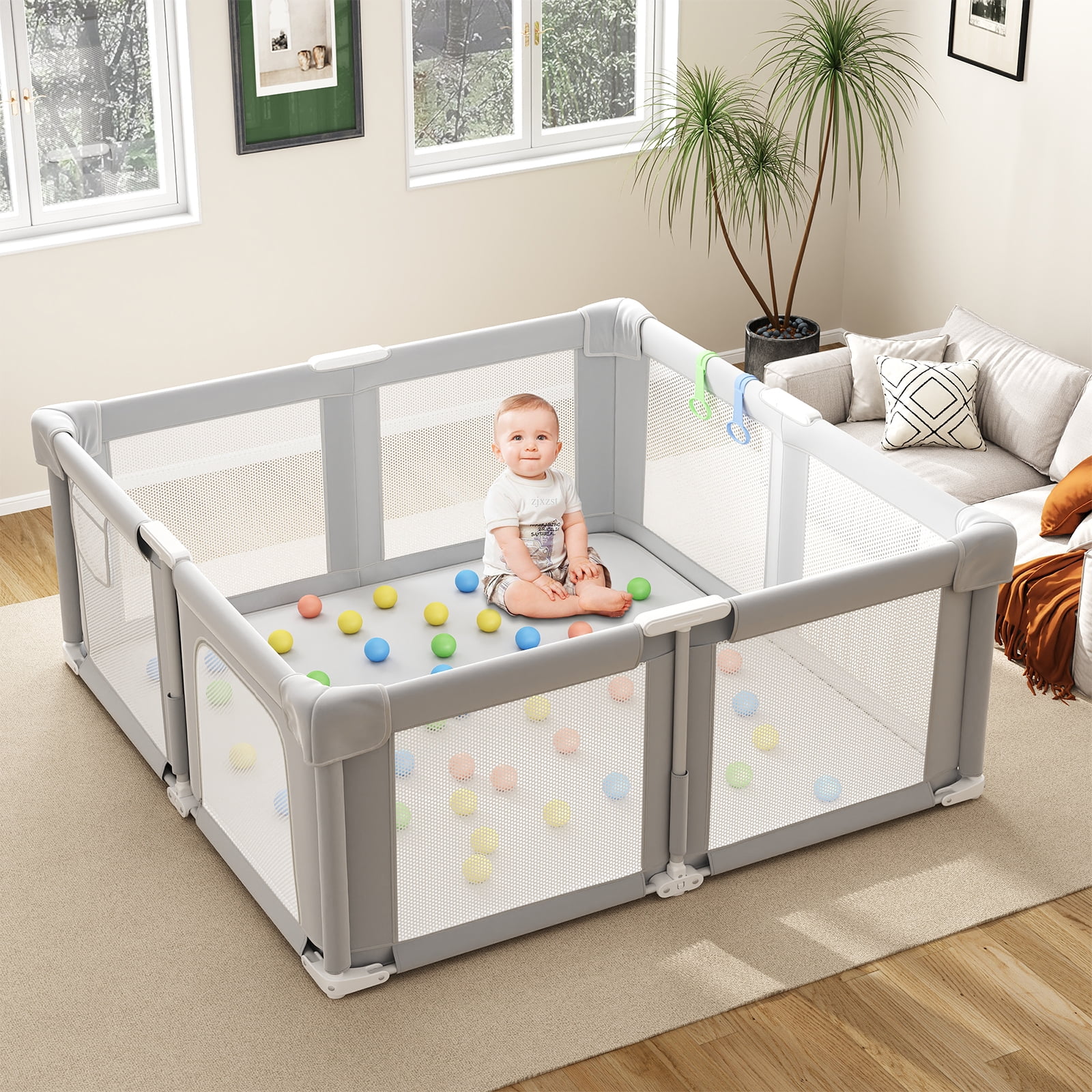 Baby Playpen 51" x 51", Play Pens for Babies and Toddlers Baby Fence Play Yards for Indoor & Outdoor with Breathable Mesh Anti-Fall Playpen, Gray