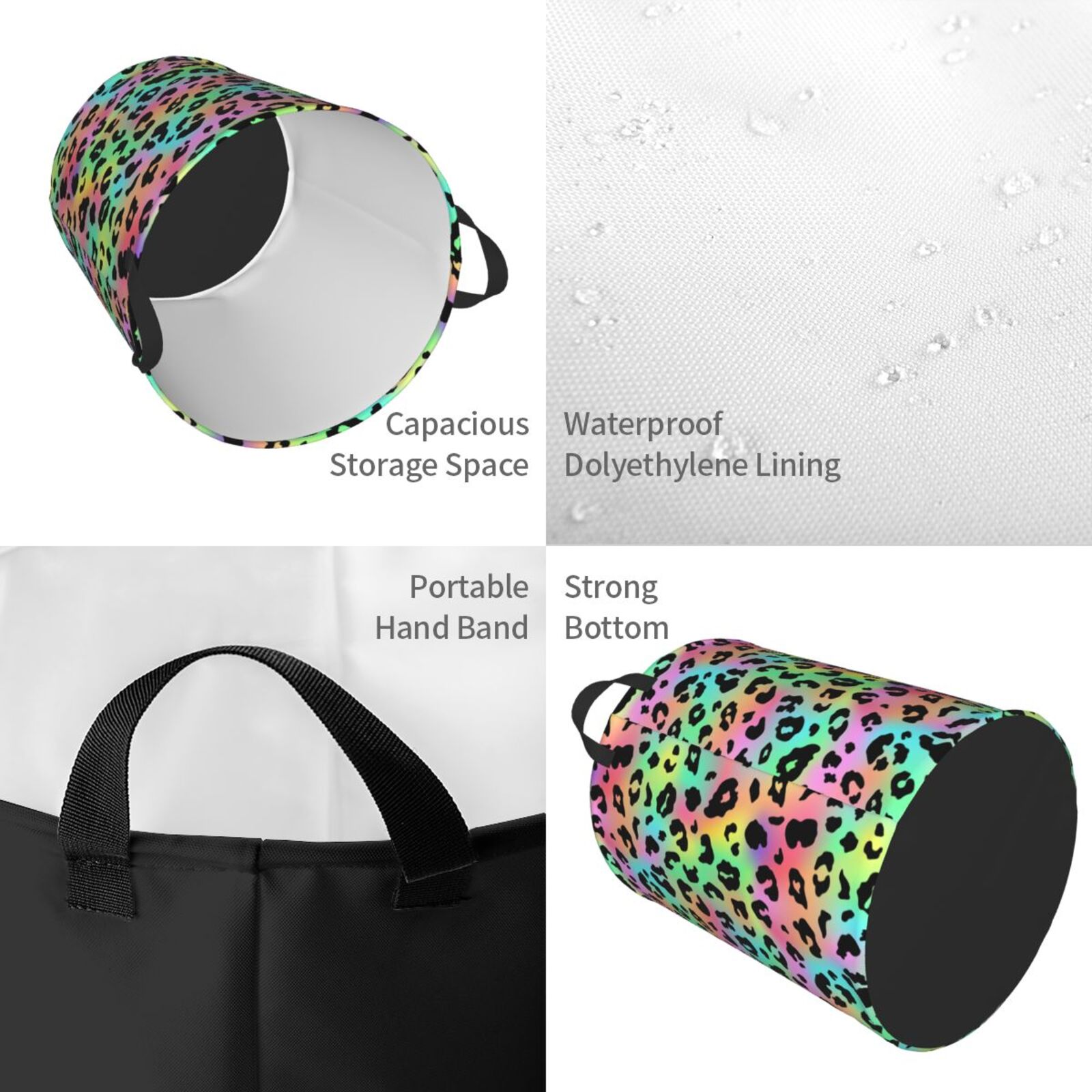 Large Laundry Basket with Handles - Trendy rainbow Leopard cool Kids Baby Dirty Clothes Laundry Hamper for Bedroom Aesthetic