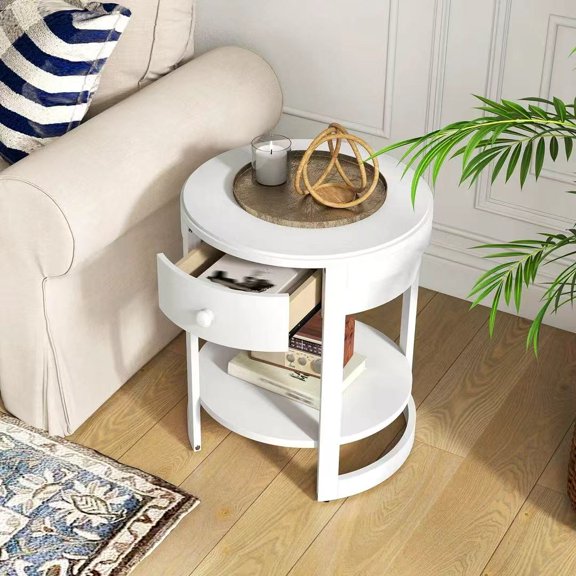DRAZUNO 2-Tier Nightstand w/ Shelf & Wood Grains Drawer Round End Table for Living Room