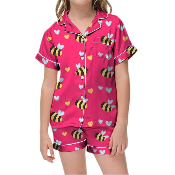 CAIVO Child Outfit Sets Kids Cartoon Printed Button Down Lapel Short Sleeve Summer Shirt Tops Shorts Comfortable Sleep Boys Girls Soft Home Everyday Relaxed Fit Clothes Sets