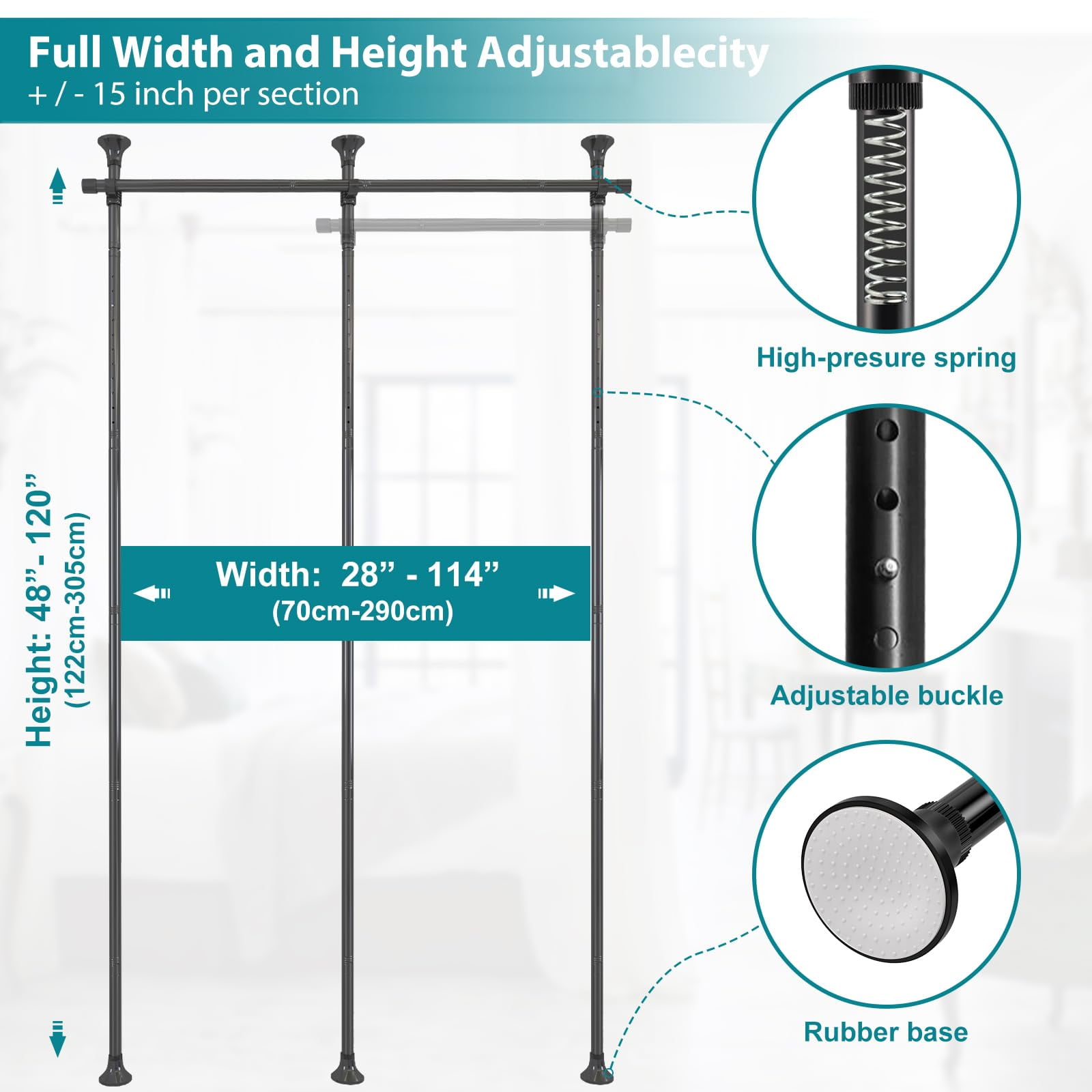 IHOMEPARK Room Divider Curtain Rod, No Drilling Rod, 48-120inch (H) 28-144inch(W) Adjustable Partition Hanging Room Divideto Ceiling Self Stand for Space Partition, Black