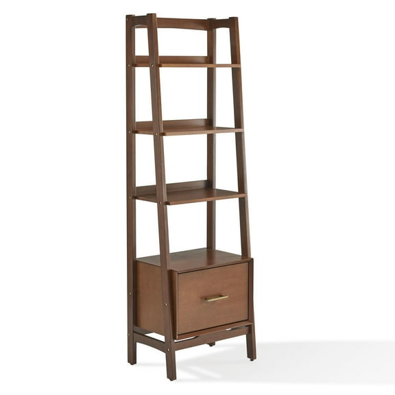 Small Wood Bookcase Etagere with Drawer - 4 Shelf Narrow Bookcase for Living Room, Office, Bedroom