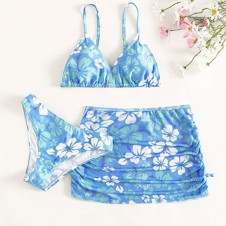 

Kids Child Girls 3 Piece Swimsuits Bathing Suit Flower Print Bikini Tops Underpants Ruffles Skirt Summer Swimwear Set Outfits