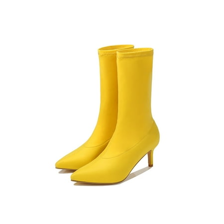 

Ritualay Women Fashion Bootie Pull On High Heels Boot Pointy Toe Ankle Boots Lightweight Slip Resistant Short Booties Work Outdoor Stiletto Winter Shoes Yellow 7.5