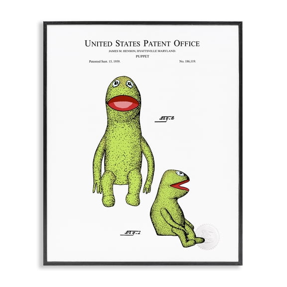 Stupell Industries Mid-Century Vintage Frog Puppet Patent Black Framed Giclee Art, 11 x 14, by Karl Hronek