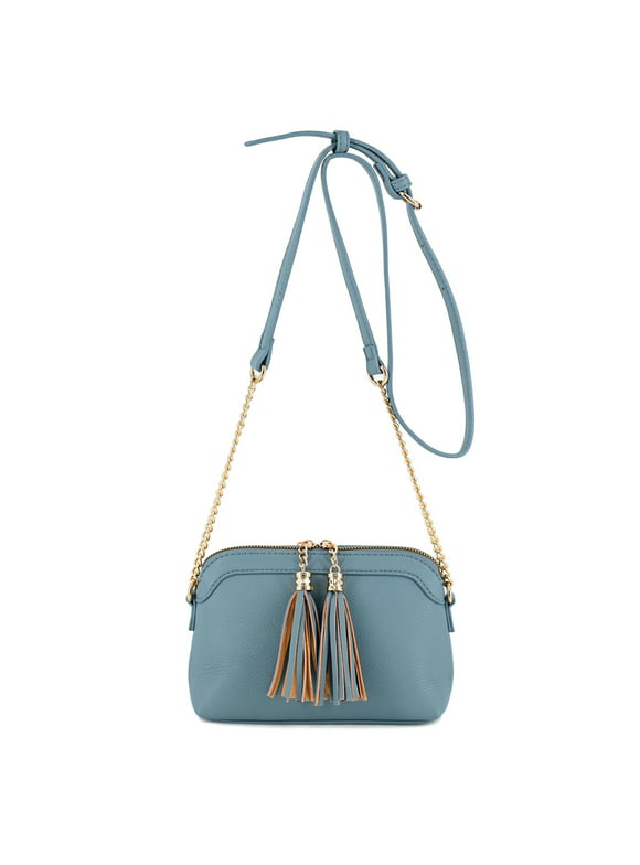 V+BENIE Two Tassel Small Crossbody Bag with Chain Strap Cell Phone Wallet Purses Handbag for Women, Blue Grey