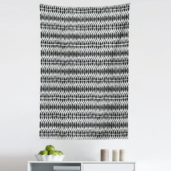 Black and White Tapestry, Horizontal Borders with Motifs Monochrome Triangles and Oval Shapes, Fabric Wall Hanging Decor for Bedroom Living Room Dorm, 5 Sizes, Black White, by Ambesonne