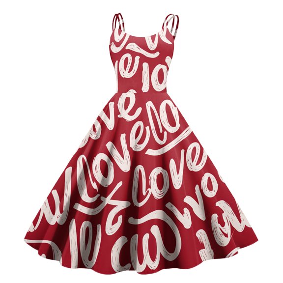 LWavelet 2026 Valentine's Whimsical Heart Print Sundress, Spaghetti Strap Flared Swing Skirt Valentine's Wear Wine XL