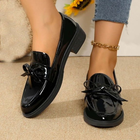 Loafers for Women Slip On Comfort Business Work Shoes Women's Trendy Patent Leather Comfort Casual Closed Round Toe Slip On Bow-Knot Dress Flat Loafers Shoes with Tassal