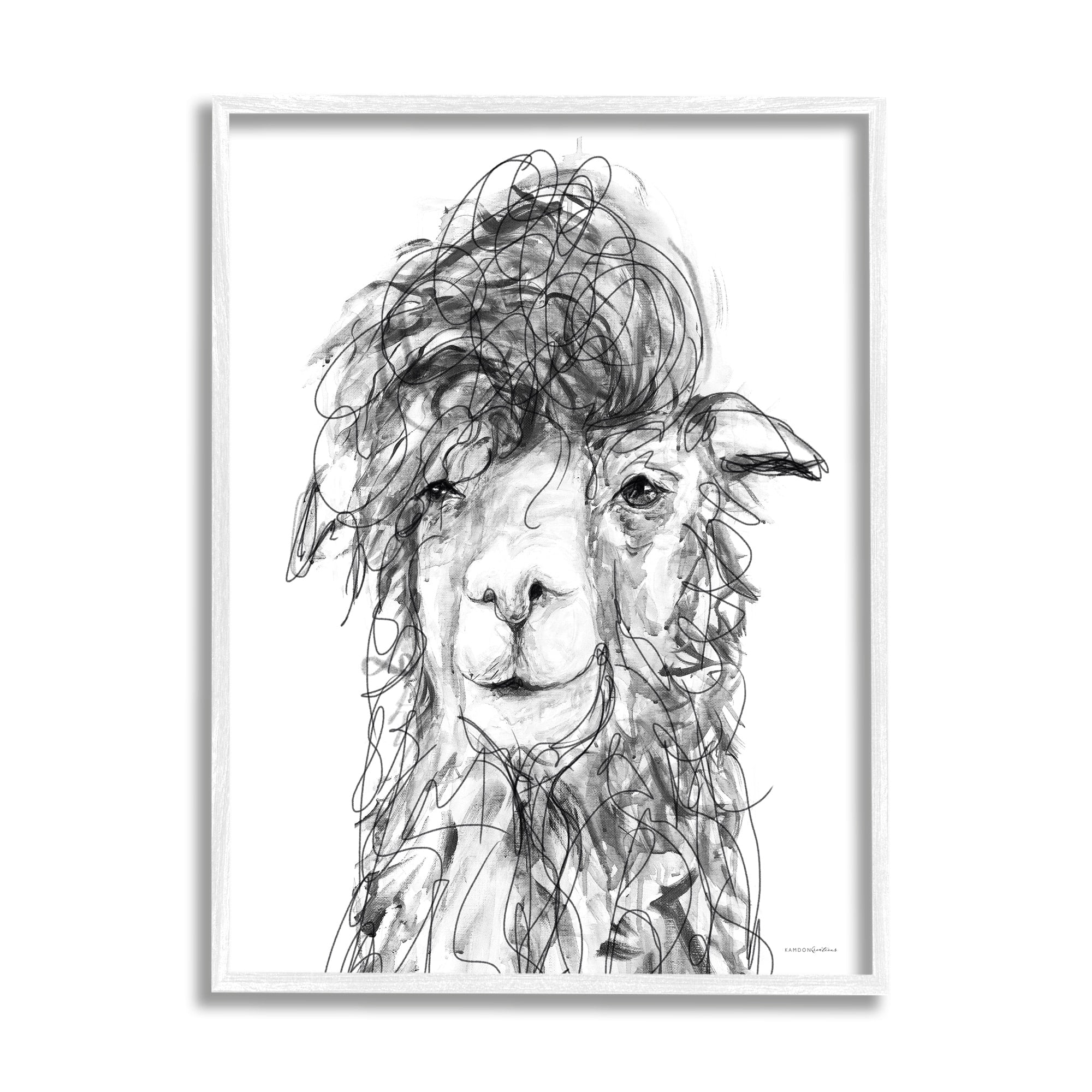 Stupell Industries Fluffy Hair Alpaca Llama Smiling Scribble Lines Drawing Print White Framed Art Print Wall Art, Design by Kamdon Kreations