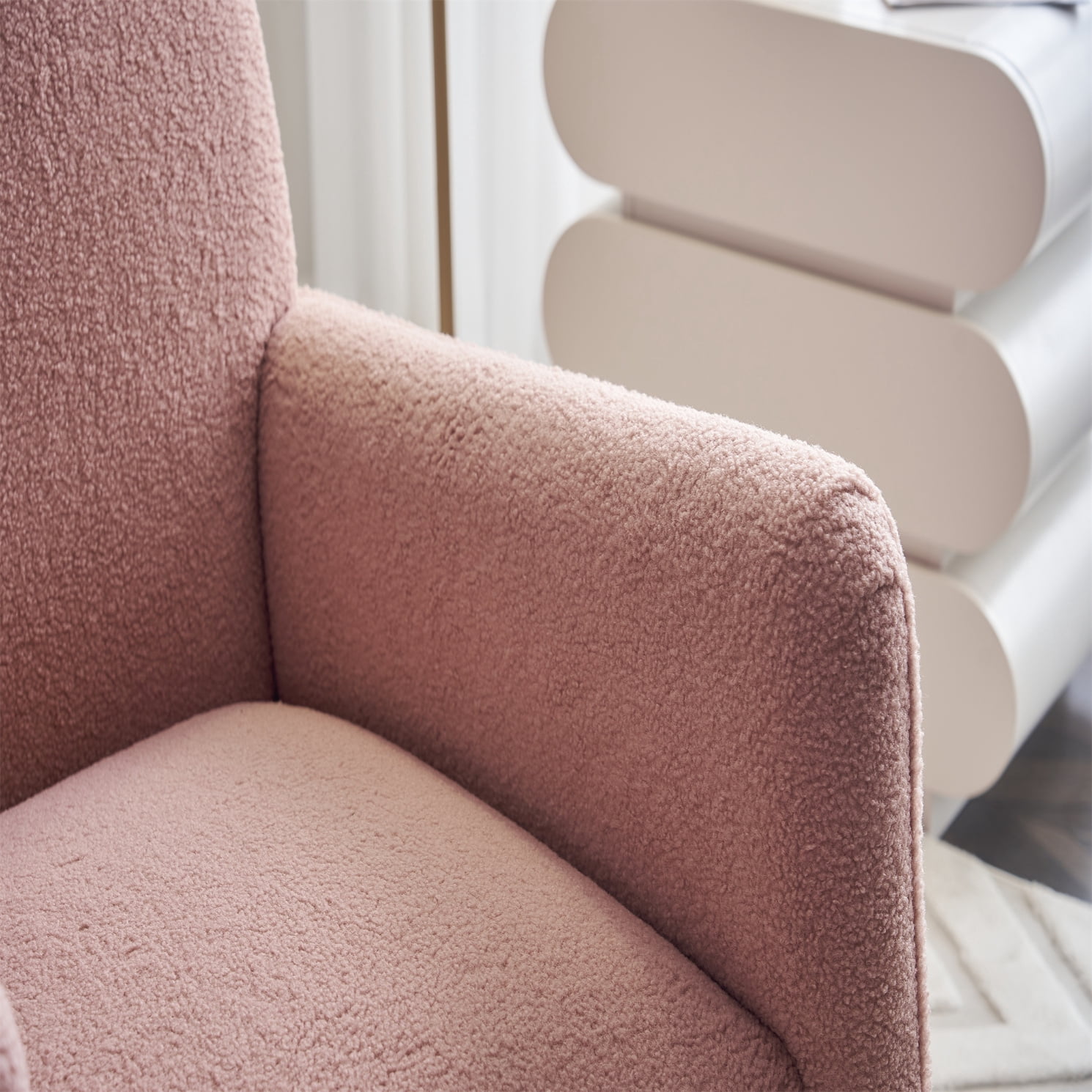 Rocking Chair Nursery, Nursery Rocking Chairs with Adjustable Footrest and Side Pocket, Comfy Rocking Chairs in Teddy Fabric, Reading Arm Glider Chair for Living Room, Bedroom, Offices, Pink