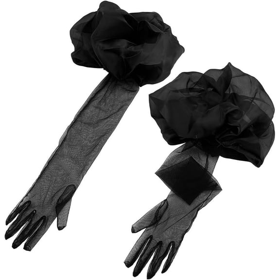 1 Pair Black Puff Sheer Long Gloves 28 Inch Tulle Mesh Oversize Gloves Puff Sheer Glove Meshes Tulle Black Mesh Glove for Women Opera Costume Wedding Bridal
