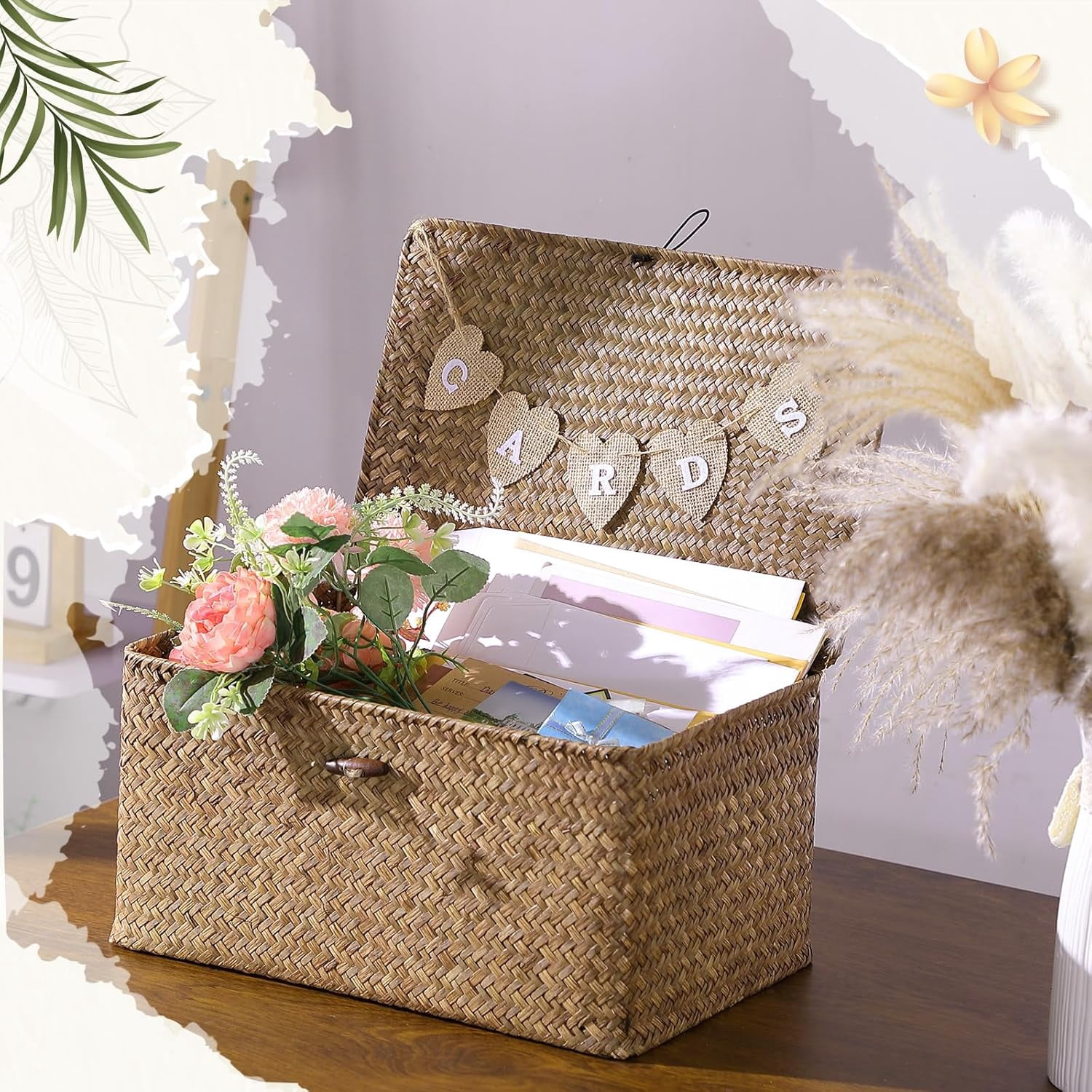 Geelin Sea Grass Wedding Card Basket With Letter Flag Decorative Wedding Card Woven Post Box Suitable For Baby Showers Birthdays Graduation Ceremonies Bridal Showers(Coffee,14 Inch)