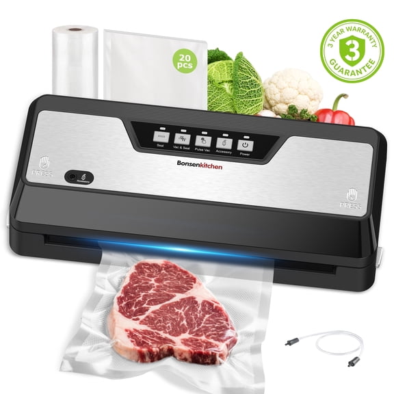 Bonsenkitchen Vacuum Sealer Machine, 4-in-1 with Built-in Cutter & Starter Bags, 135W for Food Storage (Black-Stainless Steel)