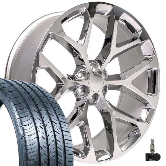 OE Wheels CV98B 26 Inch Rims, Tires & TPMS Fit Silverado 1500 Snowflake Style 6x139.7 26x10 Chrome - Hollander 5668 - Atlas Force UHP 295/30-26 (Set of 4)