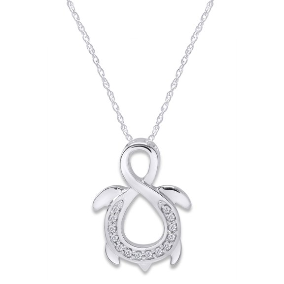 AFFY White Natural Diamond Turtle Infinity Pendant Necklace in 14k White Gold Over Sterling Silver (0.1 Ct)