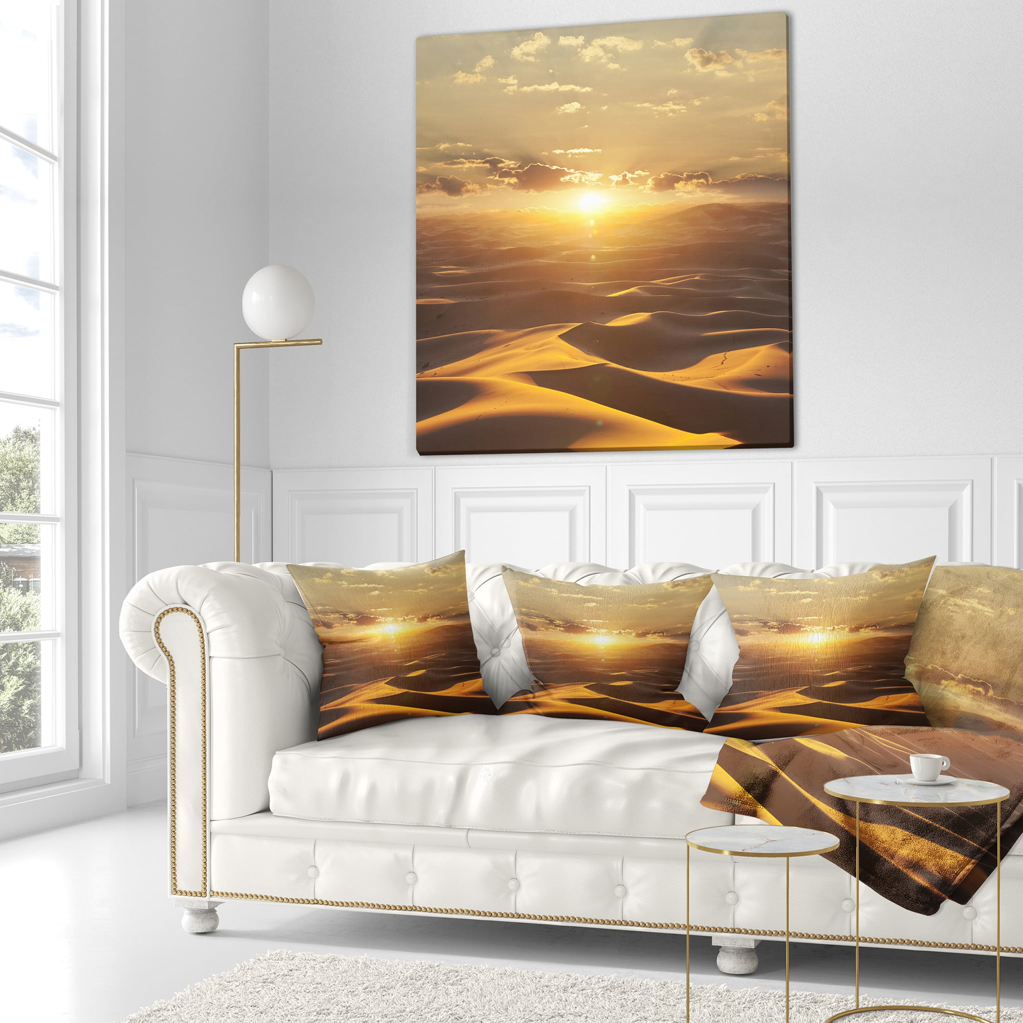 Designart Evening Sahara Desert with Sunlight - Landscape Printed Throw Pillow - 18x18