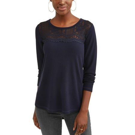 Lace Shift - Women's Long Sleeve Scoop Neck Top with Lace Detail