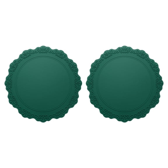 Uxcell Round Silicone Placemats Set of 2, 14" Place Mats for Dining Table Heat Resistant Waterproof Oil Proof Kitchen Placemats, Dark Green