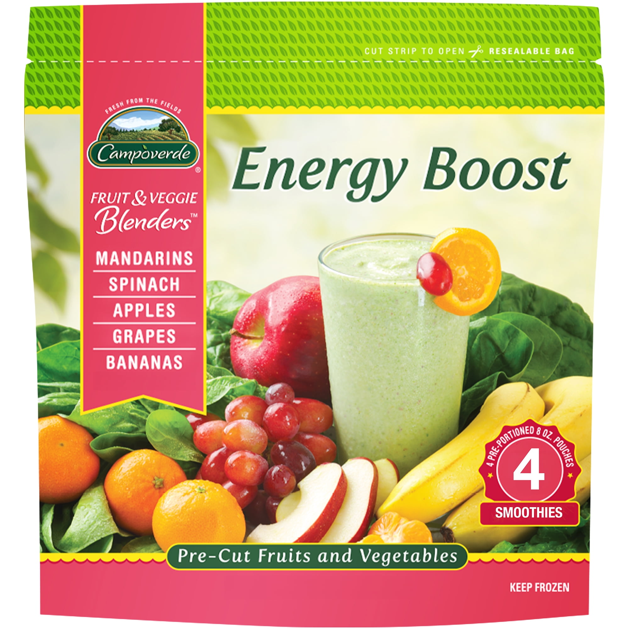 Campoverde Frozen Fruit & Veggie Smoothie Mix, Energy Boost, 32 oz, 4 Portioned Packs, No Added Sugar, Plant-Based