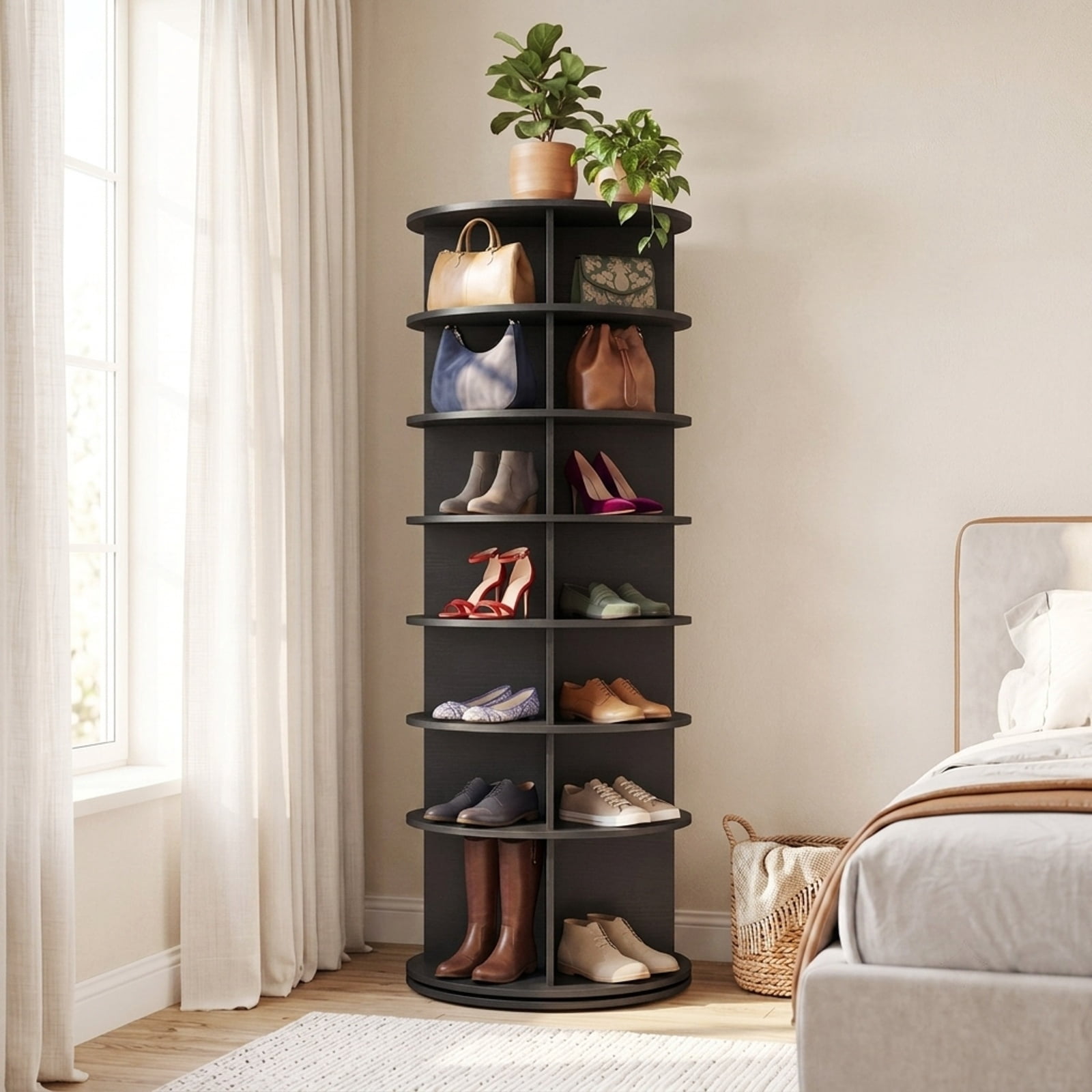 Furnibear 7 Tier Rotating Shoe Rack Tower Freestanding Spinning Shoe Organizer for Entryway Closet and Bedroom Corners, Black
