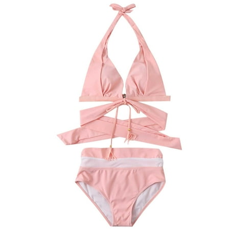 

VKEKIEO Two-Piece Sets Swimsuit Sport Bra Style Padded Pink M