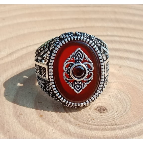 Red Aqeeq Onyx Turkish Ring 925 Sterling Silver Designer Men's Jewelry Size 8.5