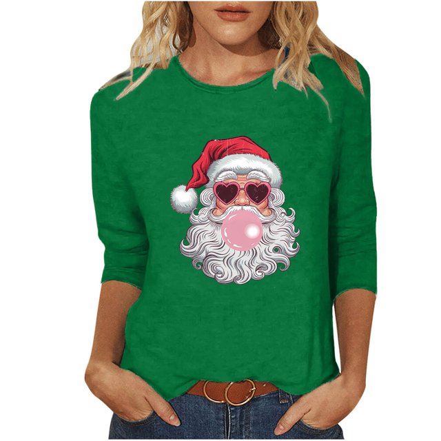 Puntoco Camiseta de mujer con cuello redondo, manga 3/4 y estampado navideño, jersey de cuello redondo, camiseta de manga larga con cuello redondo