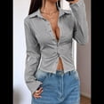 thumbnail image 4 of Camisa Corta A Rayas con Botones y Larga Ajustada para Mujer, Blusa de Trabajo Gris XXL, 4 of 10