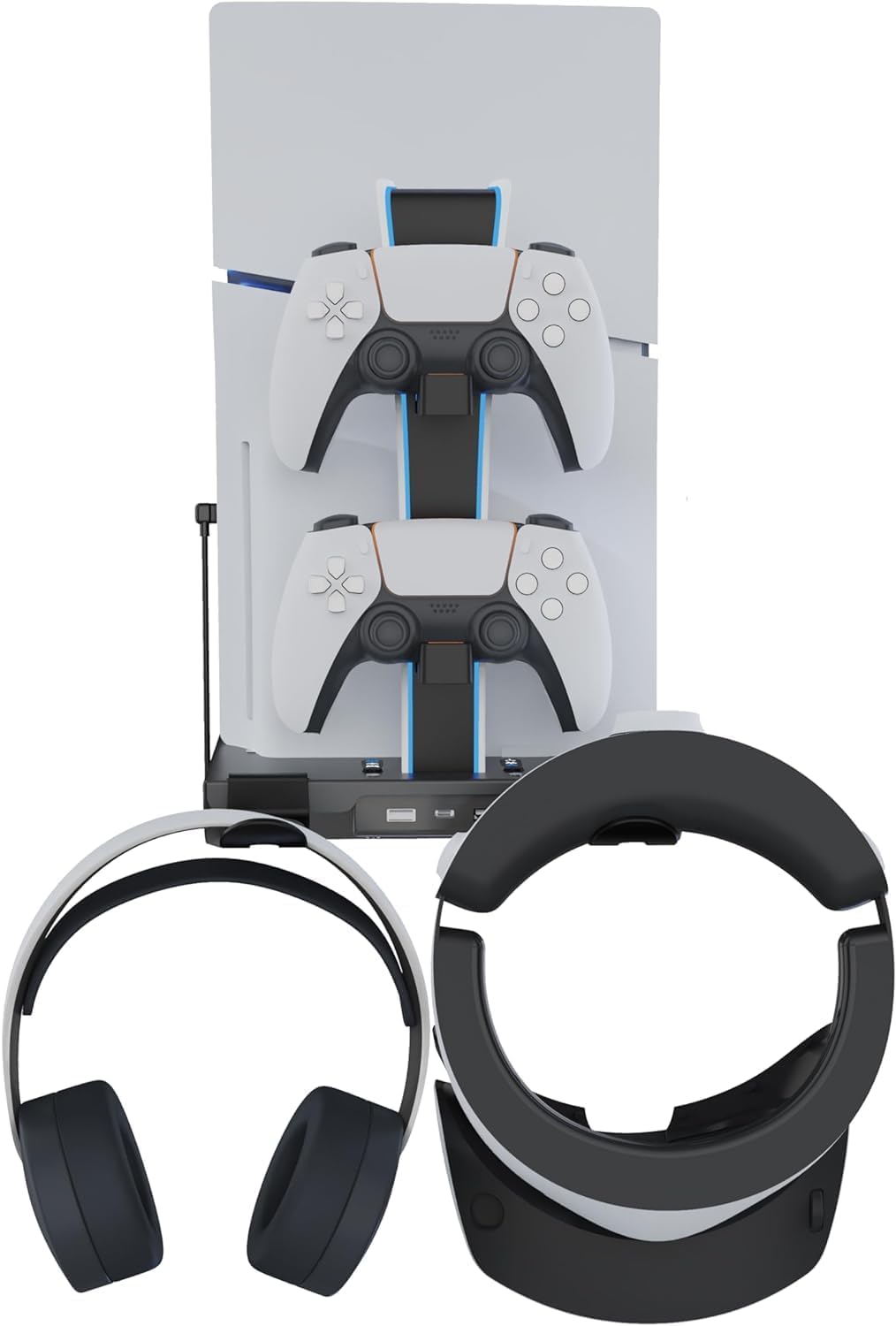 Soporte de pared para PS5/PS5 Slim/PS5 Pro, kit de accesorios con ventilador de enfriamiento y estación de carga, soporte flotante para consolas con disco y digital, montaje detrás del TV 5