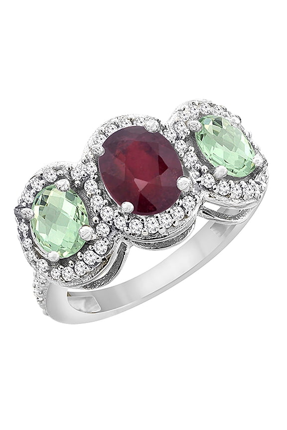10K White Gold Enhanced Ruby & Natural Green Amethyst 3-Stone Ring Oval Diamond Accent, size 7