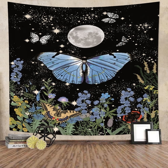 Boho Butterfly Floral Tapestry Wall Hanging,Moon Phase Tapestries for Bedroom Living Room Dorm Decor,60"Wx50"L