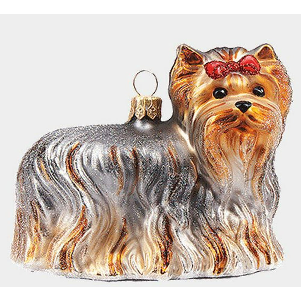 Yorkie Dog with Bow Polish Blown Glass Christmas Ornament Yorkshire