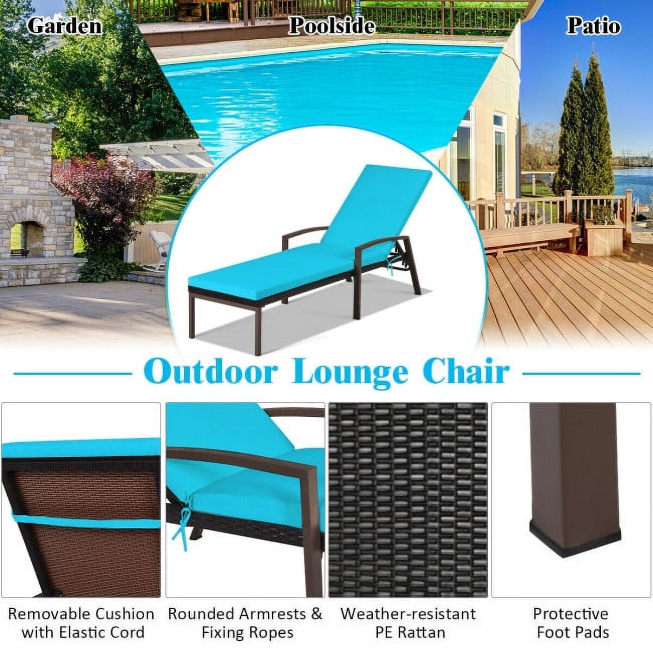 GIVIMO Outdoor Adjustable Reclining Patio Rattan Lounge Chair Turquoise - image 5 of 8