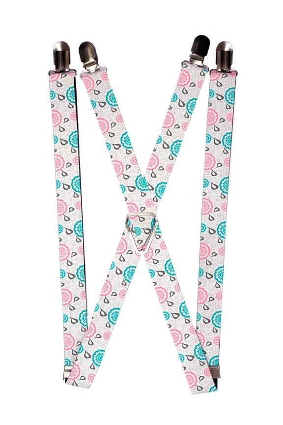 Blue and Pink Flower Floral Scroll Pattern Suspenders