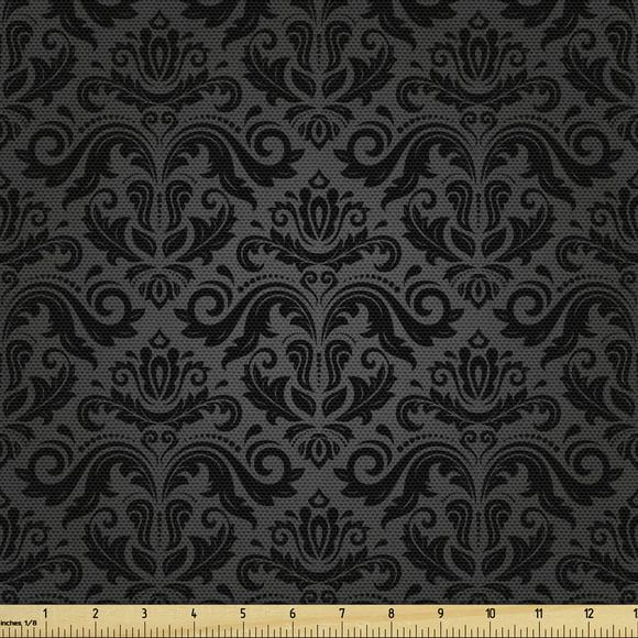 Dark Grey Fabric by the Yard Upholstery, Black Damask and Floral Elements Oriental Antique Ornament Vintage, Decorative Fabric for DIY and Home Accents, 3 Yards, Black Grey by Ambesonne