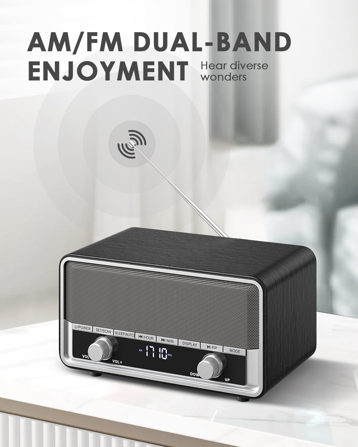Retro AM FM Radio Plug in Wall, Digital Clock Radio for Bedroom with LCD Display| 40 Presets | Sleep Timer | No Alarm, Retro Bluetooth Speaker for Office,Great Gift Black