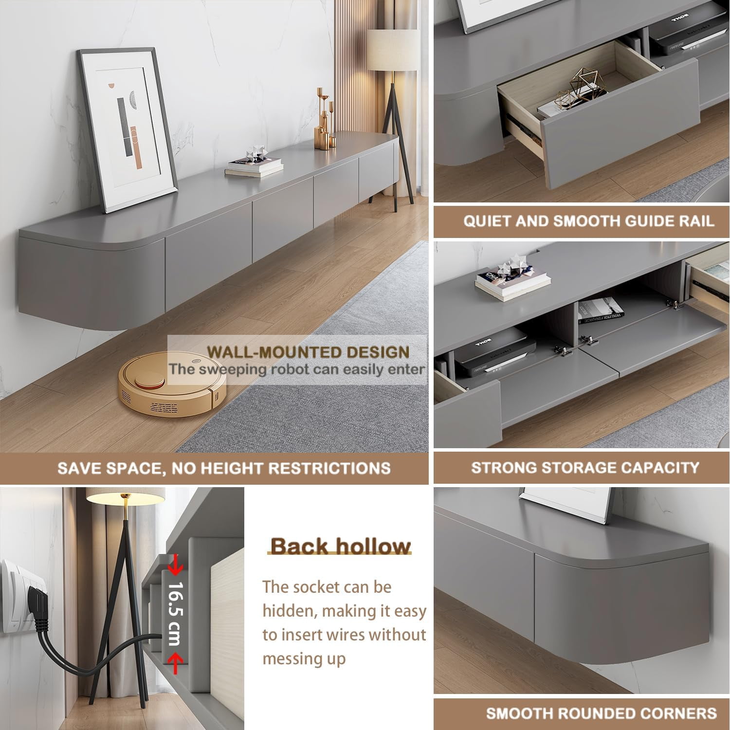Modern Floating TV Unit with LED Lighting | Wall-Mounted Entertainment Media Console | Large Storage TV Bench for Living Room & Office (Gray, 110.2'')
