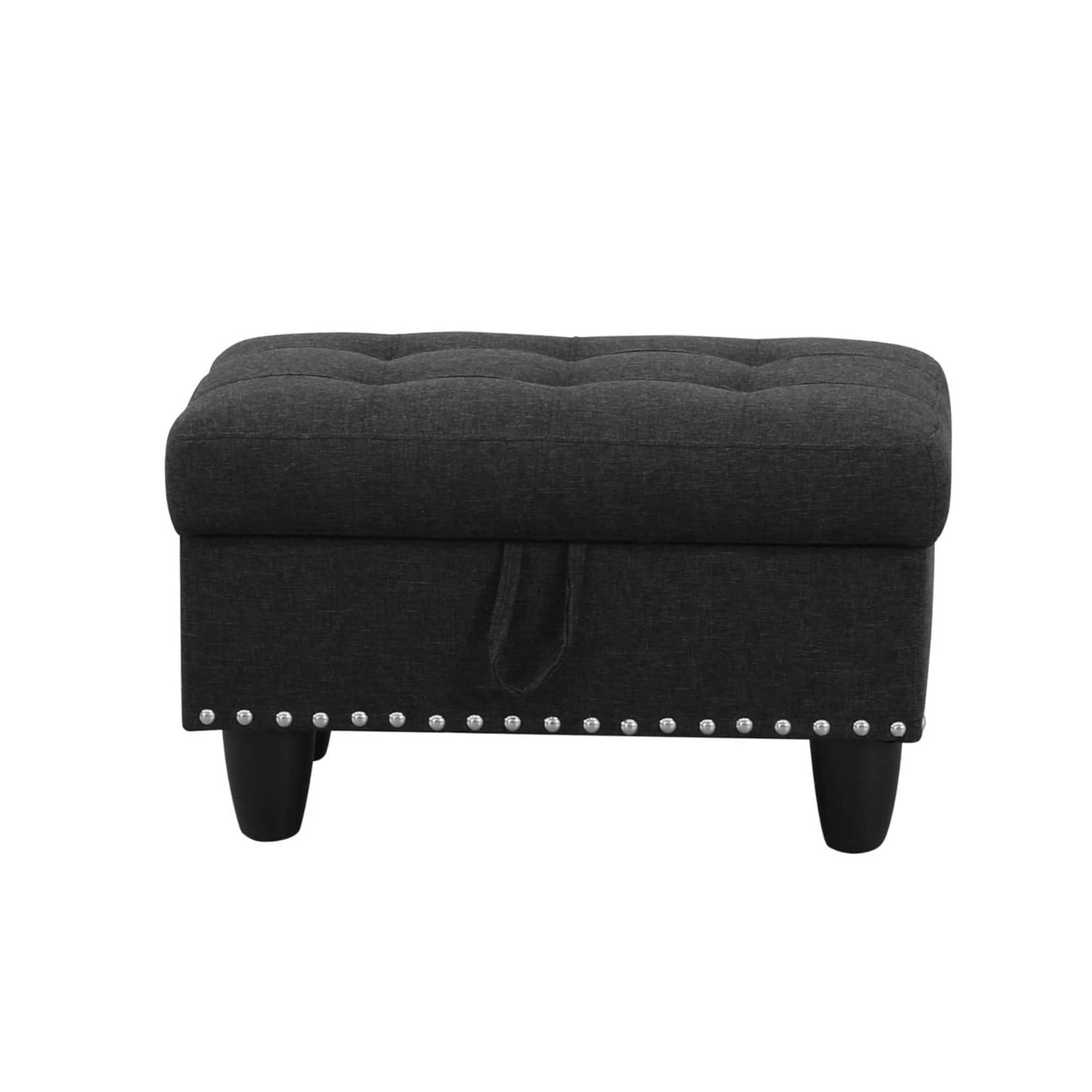 Leather Storage Ottoman Bench wiht Button Tufted, Nail-HeadFoot Rest Ottoman Stool for Living Room, Black