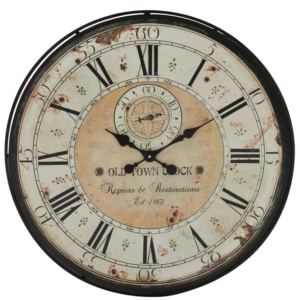 Decmode 32 Round Rustic Black Iron Wood Antique Roman Numeral Round Rustic Black Iron Wood Antique