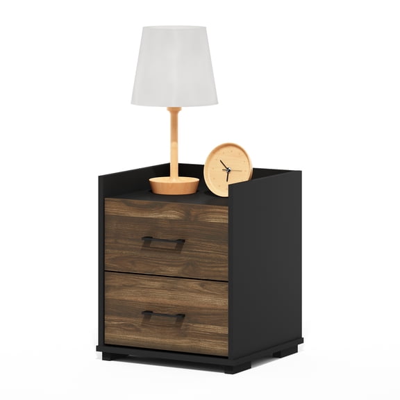 Furinno Tidur Night Stand with Drawers, Rustic Brown Nightstand with 2 Drawers, Open Shelf Bedside Table, End Table, Side Table, Brown Walnut/Black