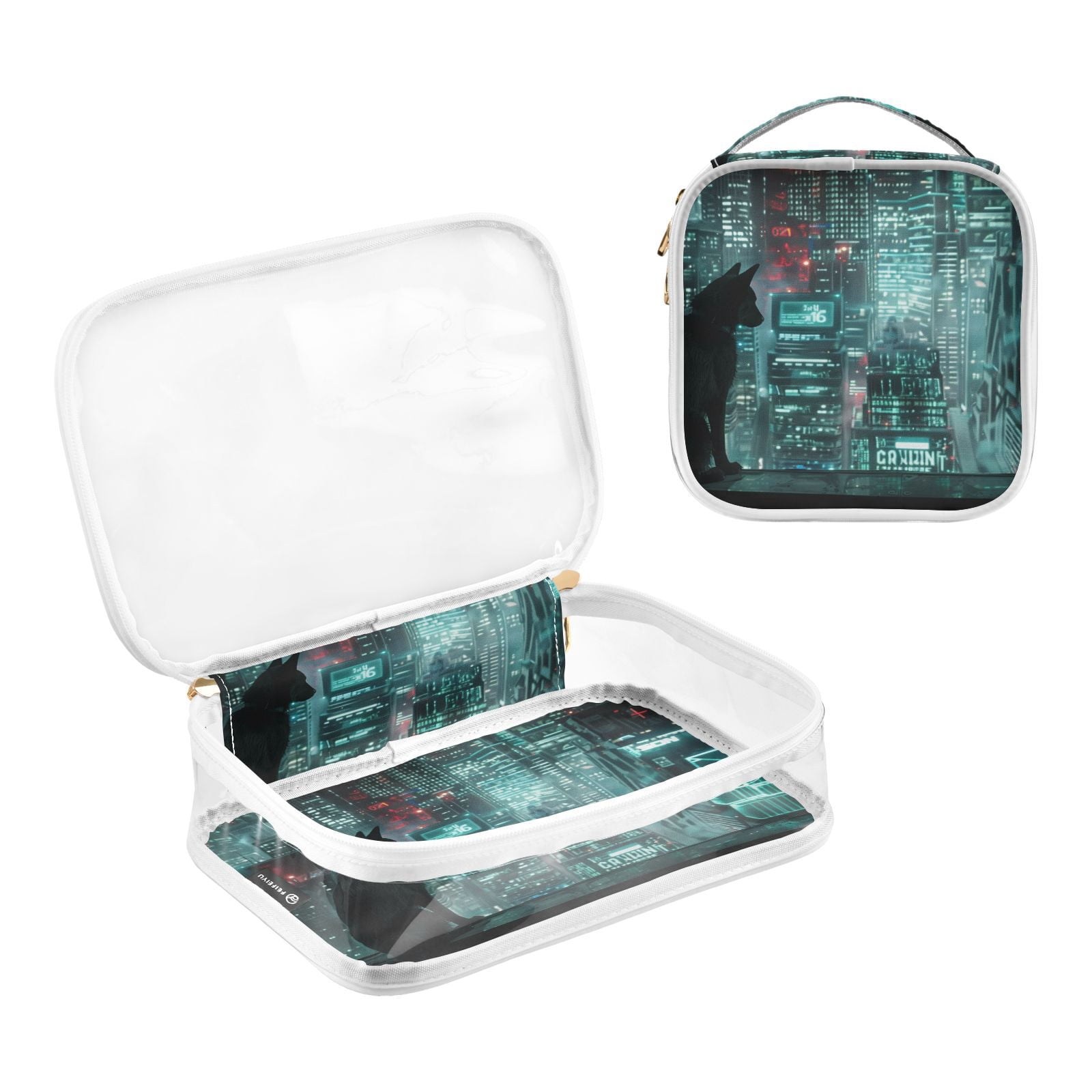 Clear Makeup Bags with Handle Large Opening 2 Pack Set Toiletry Bag Quart Size Bag, for Women Man Traveling Travel Essentials, Toiletries and Other. Cat Graphic