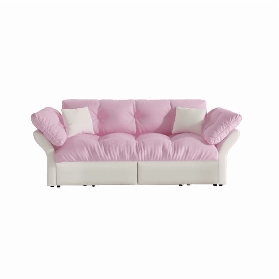 TICOZE 74.8 Inch Pink Velvet 3-in-1 Convertible Sleeper Tufted Sofa with 2 Pillows, Queen Size Pull Out Sofa Bed for Living Room and Guest Room